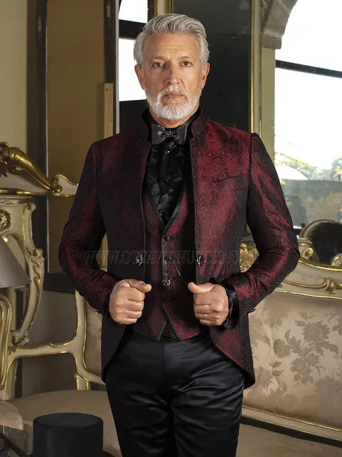 Groom Suit Frock Coat Mandarin Collar Damask Burgundy