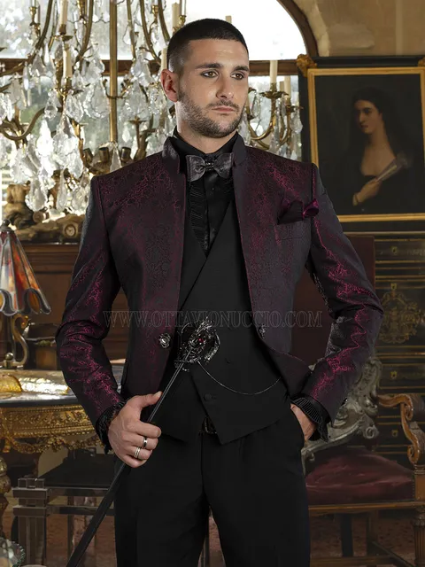 Formal Suit Men's with Damask Burgundy Mandarin Collar