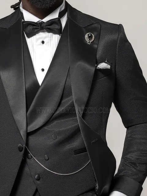 Asymmetric double-breasted shawl lapel waistcoat in black micro-pattern with satin lapel