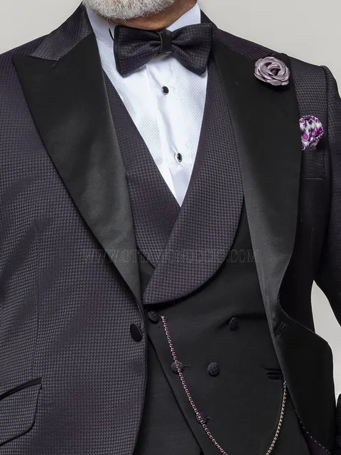Asymmetric double-breasted black waistcoat with shawl lapel in contrasting fabric with plum micro-pattern