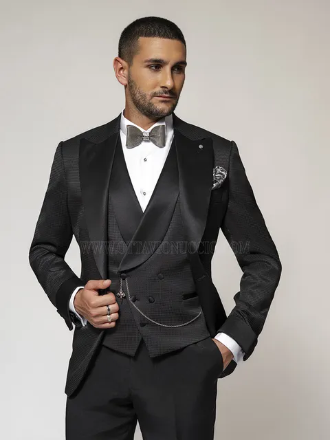 Tuxedo Three-Piece Black Houndstooth with Satin Details