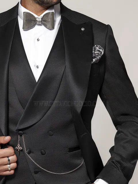 Waistcoat double-breasted asymmetric in black viscose blend houndstooth fabric with shawl lapel in contrasting black fabric