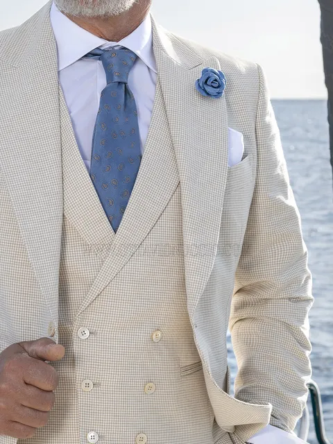 Double-breasted waistcoat in cotton-linen fabric with beige ground and beige Houndstooth