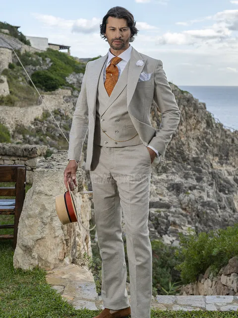 Formal Suit Light Brown Houndstooth in Linen and Cotton