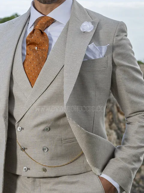 Double-breasted waistcoat in cotton-linen fabric with beige ground and brown Houndstooth