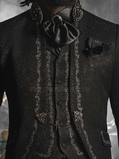 Waistcoat in black jacquard with black and silver floral embroidery