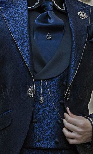 Blue Double-breasted brocade Vest with Shawl Collar
