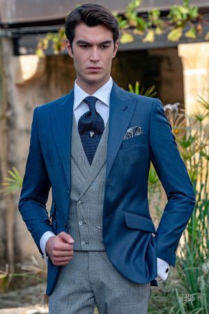Vestito sposo uomo blu, gilet e pantalone principe di galles