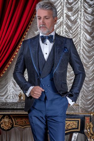 Abito sposo damascato blu, profili in raso da uomo