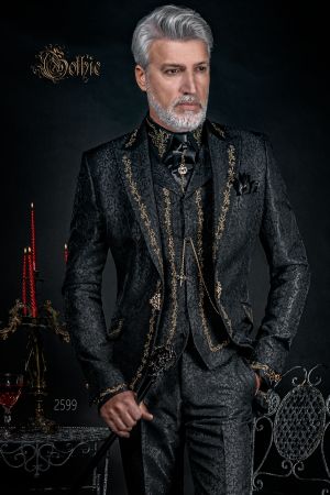 Herren Gehrock Anzug im gotischen Stil aus schwarze Brokat mit golden Stickerei