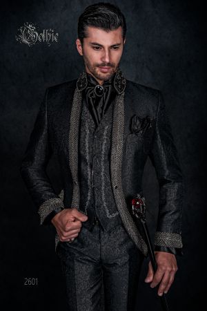 Gotisch Stil Hochzeit Gehrock Anzug aus schwarze Brokat mit Edelsteine