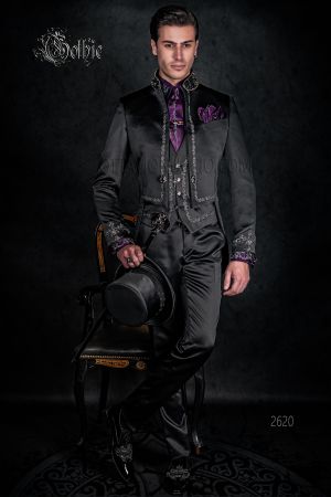 Frac uomo sposo coreana gotica in raso nero ricamato argento