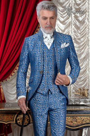Traje barroco de lujo coreana brocada azul y plata con bordado plata