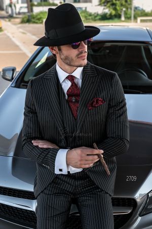 Vestito classico da cerimonia uomo, gessato nero, gilet doppiopetto