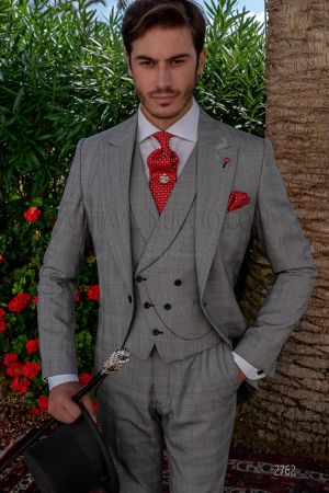 Tight moderno in principe di galles grigio e gilet sciallato asimmetrico