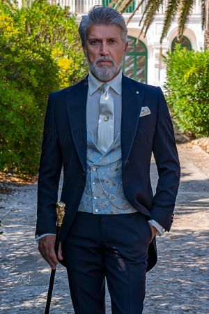 Tight da cerimonia blu su misura con gilet doppiopetto in pura seta