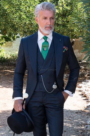 Tight da cerimonia moderno in pura lana blu con gilet doppiopetto