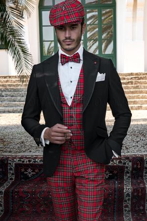 Blazer in stile inglese giacca nera pantalone e gilet in Tartan rosso