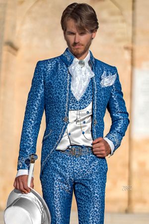 Abito cerimonia damascato blu royal con ricamo argento in stile barocco