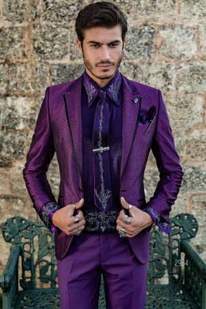 Abito cerimonia stile vintage-chic tessuto optical viola e pantalone in tinta