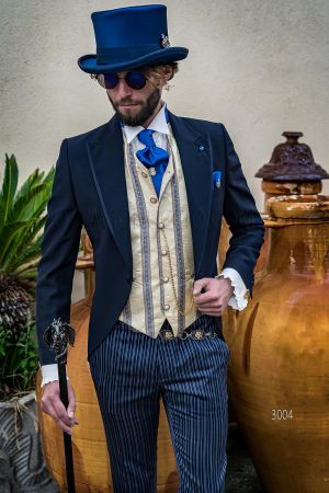 Steampunk Cut Anzug, blaue Gehrock Sakko mit gestreifte blaue Hose