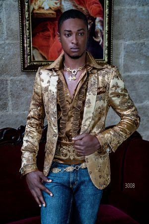 Giacca cerimonia uomo smoking in jacquard oro con disegni floreali