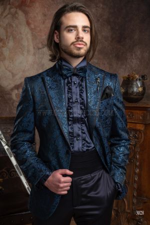 Abito moda gotica con giacca damascata blu lamè e profilo nero