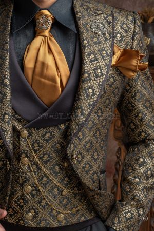 Double-breasted waistcoat in black and gold brocade, black satin shawl lapel