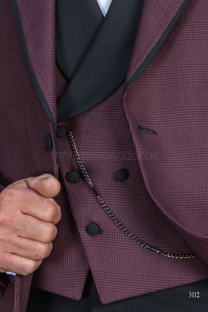 Gilet asimmetrico doppiopetto sciallato principe di galles bordeaux e rever in raso