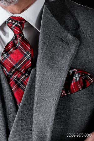 Krawatte und Einstecktuch, rot, im Schottenmuster