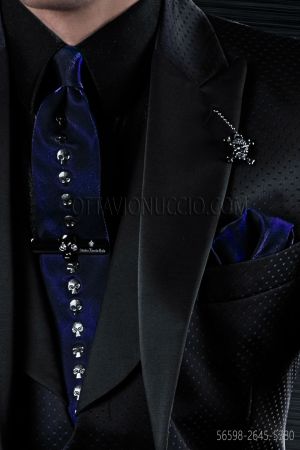 Krawatte und Einstecktuch, royal blau, aus Lurex mit Tottenkopf