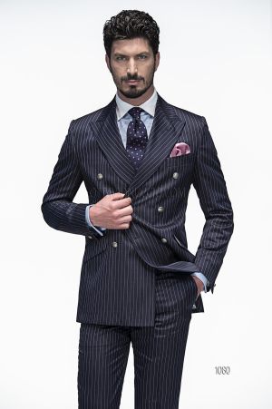 Abito sposo doppiopetto in misto lana gessato blu