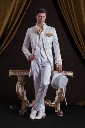 Abito Barocco redingote lunga in raso bianco ricamato oro