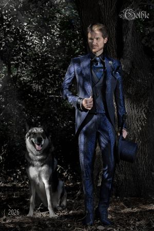 Vestito da sposo damascato blu stile di lusso gotico