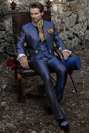 Abito frak sposo broccato blu passamanerie sul collo