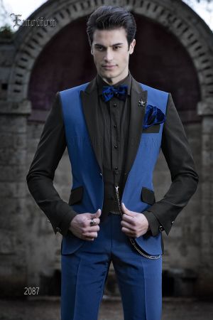 Traje moderno Patchwork azul eléctrico y negro