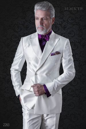 Smoking uomo bianco da matrimonio, doppiopetto in shantung