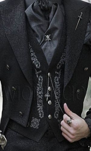 Black jacquard waistcoat with silver tone embroidered meander