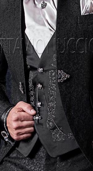 Black satin waistcoat with smoky silver embroidered meander