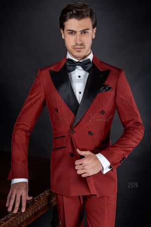 Abito doppiopetto fashion uomo misto lana rosso con inserti neri