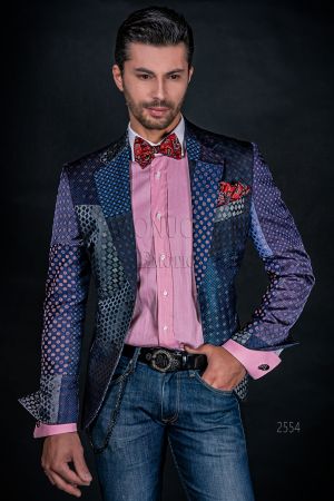Giacca moda uomo in seta patchwork blu