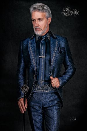 Abito da sposo gotico blu in tessuto broccato con ricamo argento