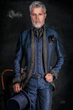 Abito uomo stile gotico broccato blu con passamaneria strass