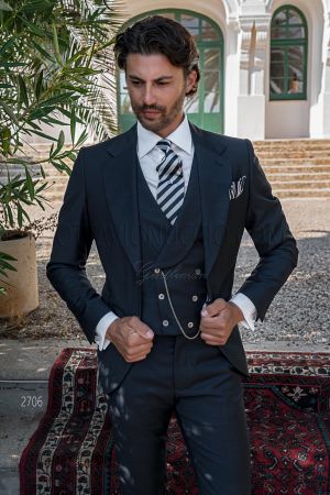 Vestito cerimonia uomo classico pura lana blu, Gilet doppiopetto