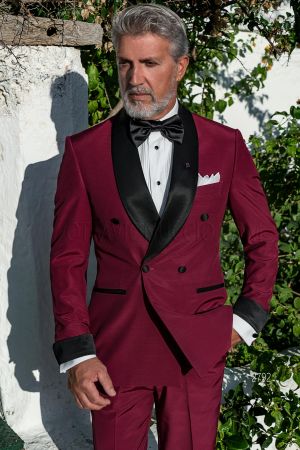 Abito moda doppiopetto sciallato fucsia con inserti neri