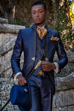 Abito cerimonia di lusso broccato blu ricami oro-nero stile barocco particolare