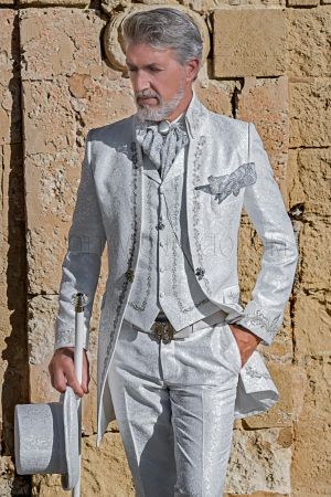 Abito da cerimonia stile sofisticato damascato bianco con ricamo argento