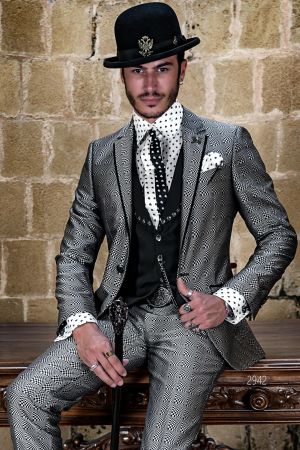 Abito cerimonia stile vintage-chic tessuto optical grigio e nero