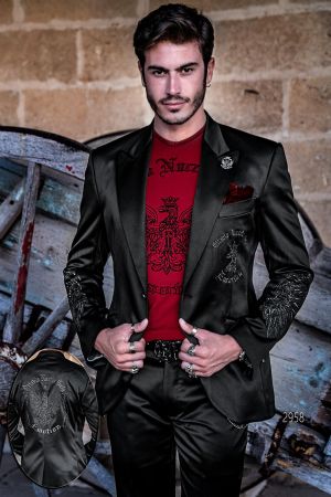 Blazer abito moda gotico in raso nero con ricamo argento a forma di aquila