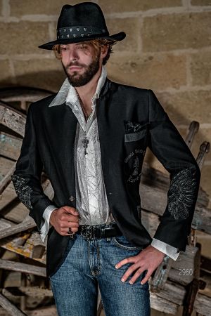 Giacca blazer moda gotica shantung nero con ricamo aquila argento